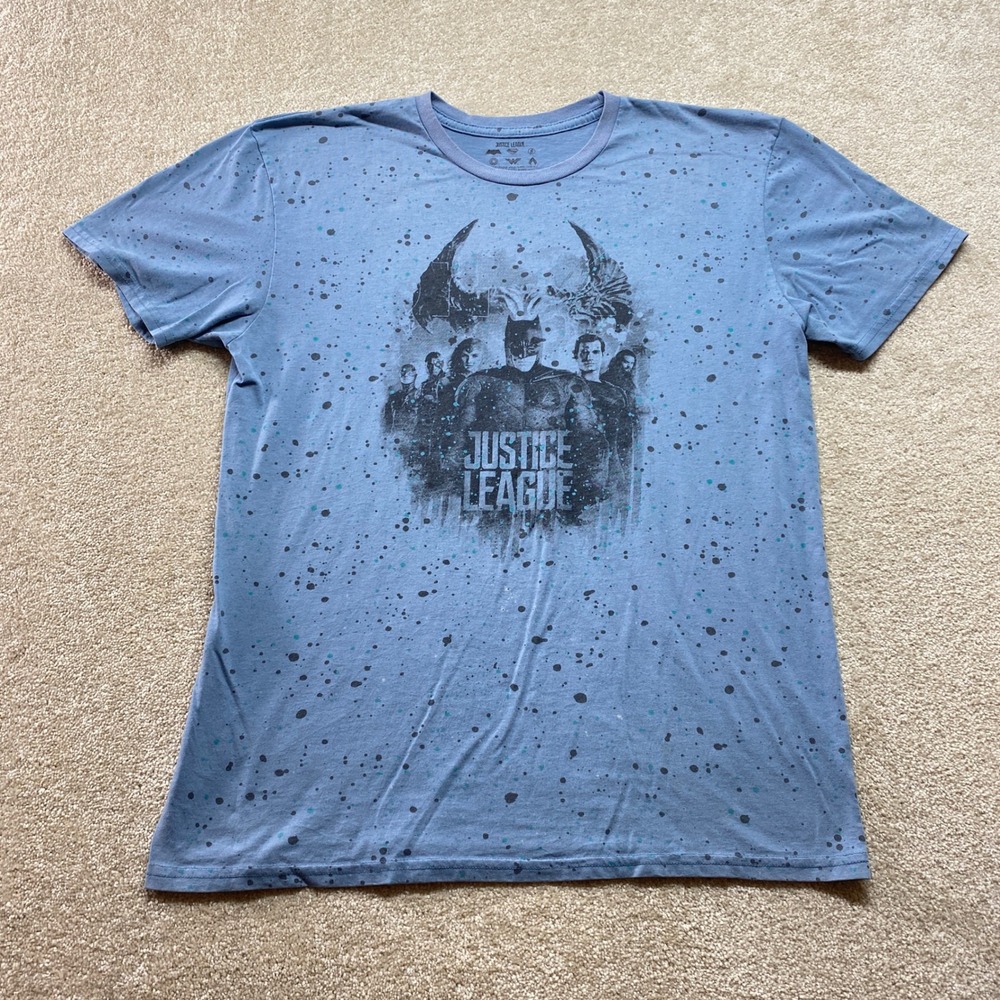 Justice League Shirt Mens Large‎ Blue Splatter Print Superhero Graphic Tee